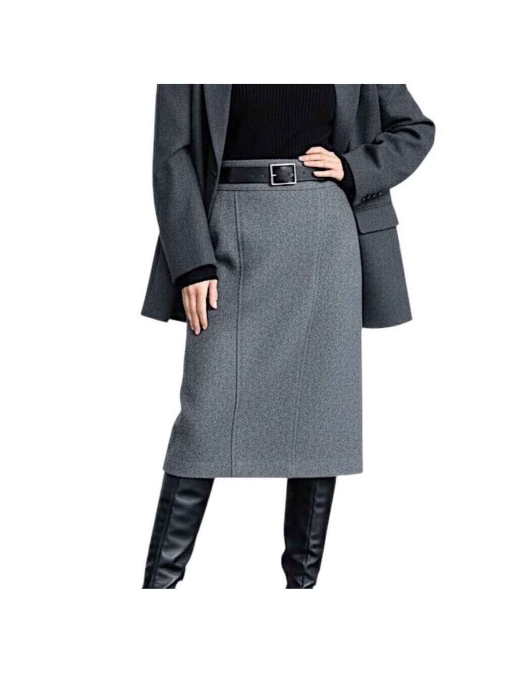 Vintage 90s Japanese worsted wool blend grey minimalist straight midi skirt